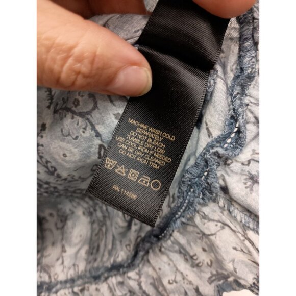 Frye Womens Blouse Medium Blue Paisley Eyelet BOHO Keyhole Back Ruffle Top - Picture 10 of 11